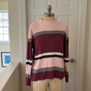 Pink and burgundy striped sweater with mock neck